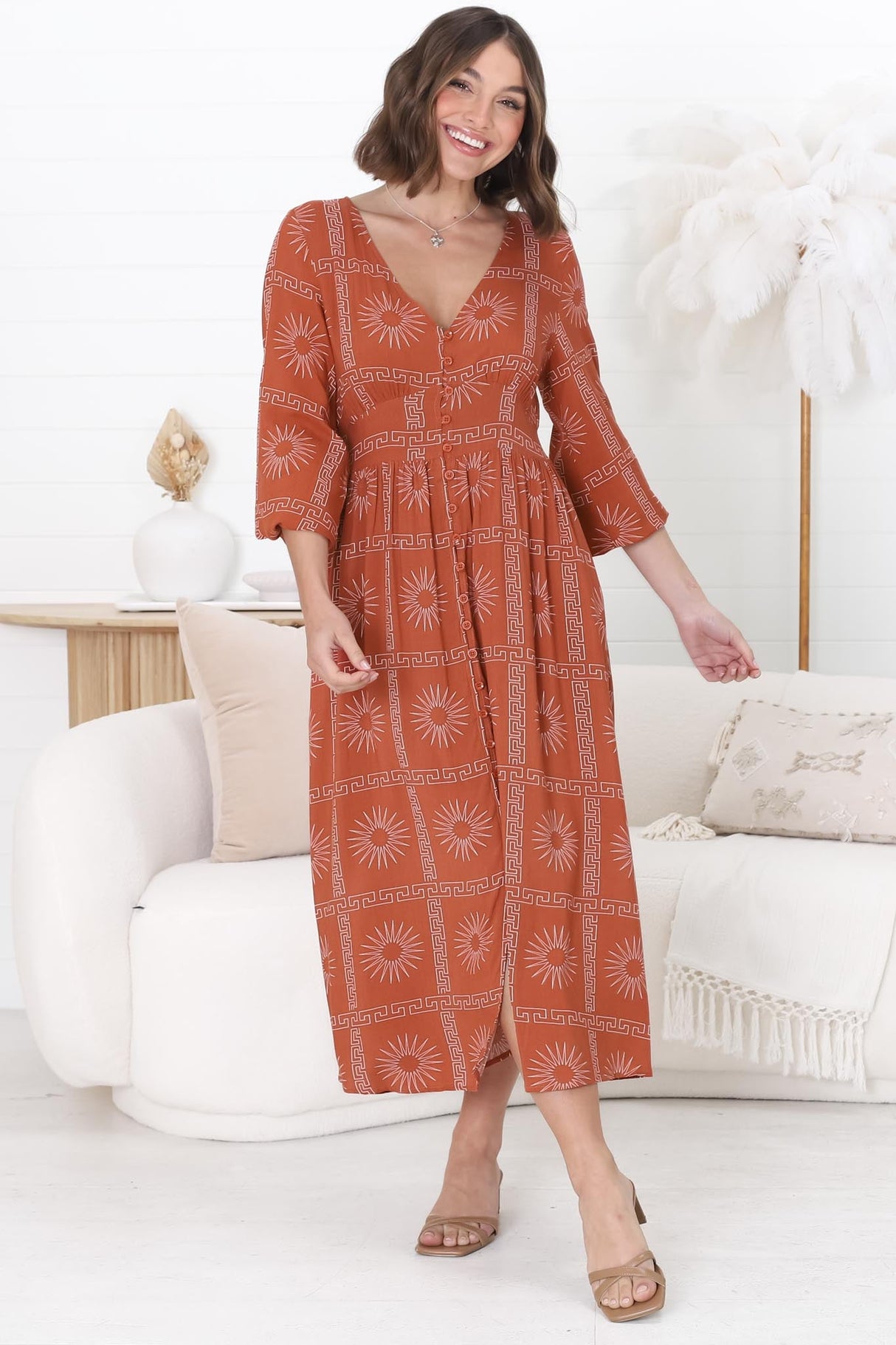 Bello Midi Dress - Button Through Dress with Balloon Sleeves in Astra Print Rust