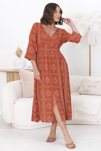 Bello Midi Dress - Button Through Dress with Balloon Sleeves in Astra Print Rust