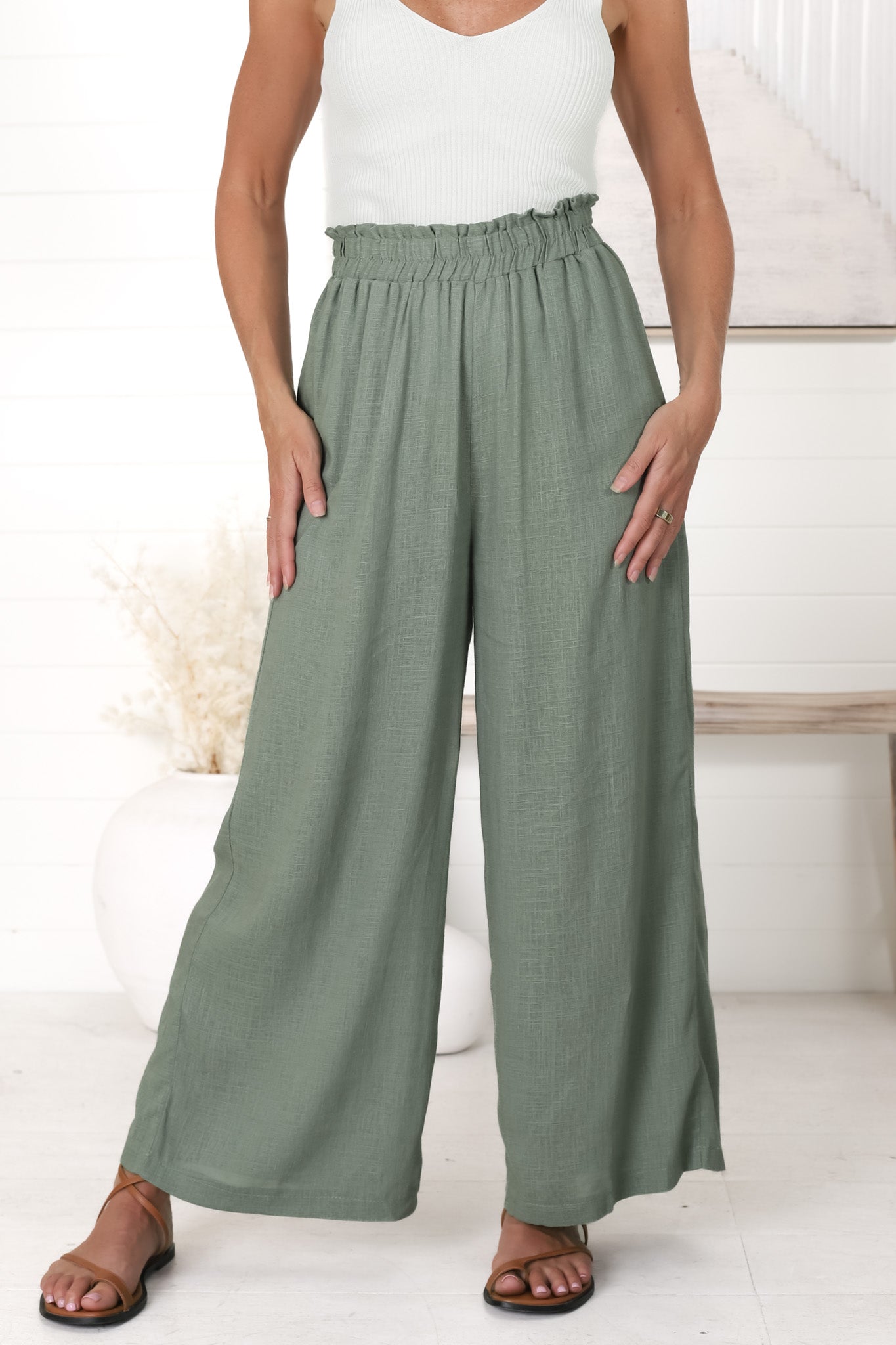 Crawley Linen Pants - Paperbag High Waisted Pants in Khaki