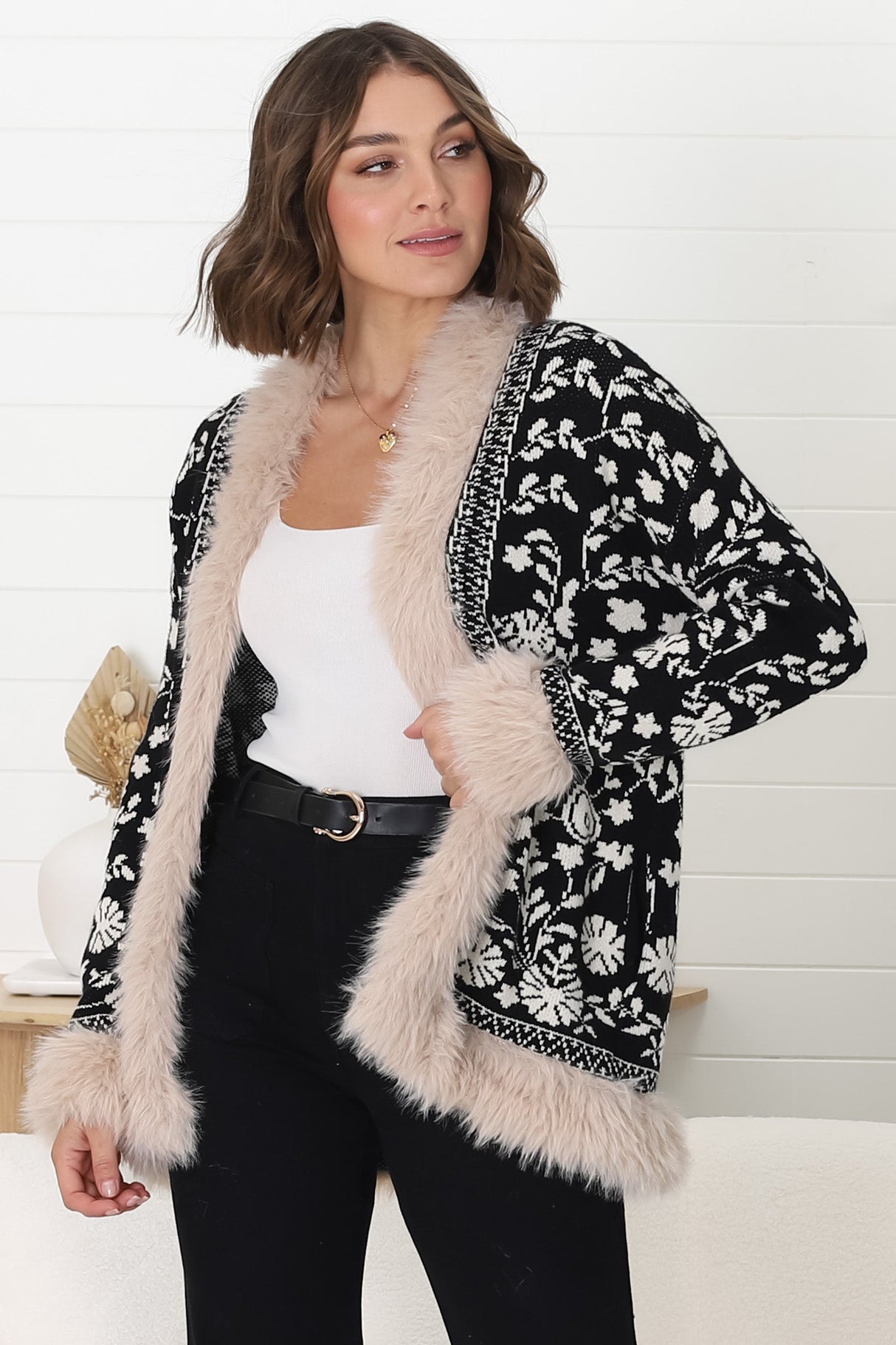 Wolfe Jacket - Faux Fur Trim Open Knit Jacket in Black