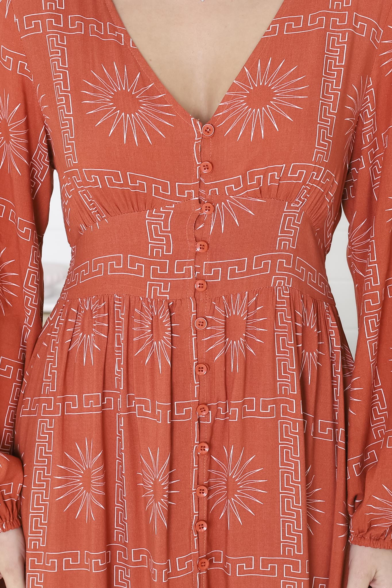 Bello Midi Dress - Button Through Dress with Balloon Sleeves in Astra Print Rust