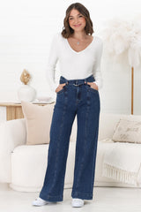 Hutton Jeans - High Waisted Flare Leg Jeans with Matching Belt in Dark Denim