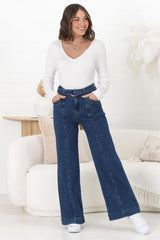 Hutton Jeans - High Waisted Flare Leg Jeans with Matching Belt in Dark Denim