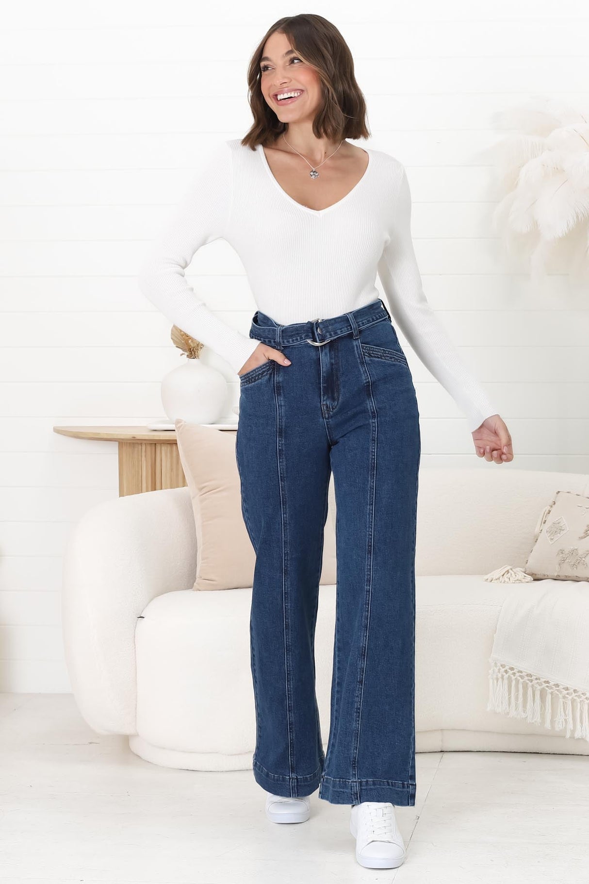 Hutton Jeans - High Waisted Flare Leg Jeans with Matching Belt in Dark Denim