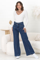 Hutton Jeans - High Waisted Flare Leg Jeans with Matching Belt in Dark Denim