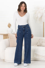 Hutton Jeans - High Waisted Flare Leg Jeans with Matching Belt in Dark Denim