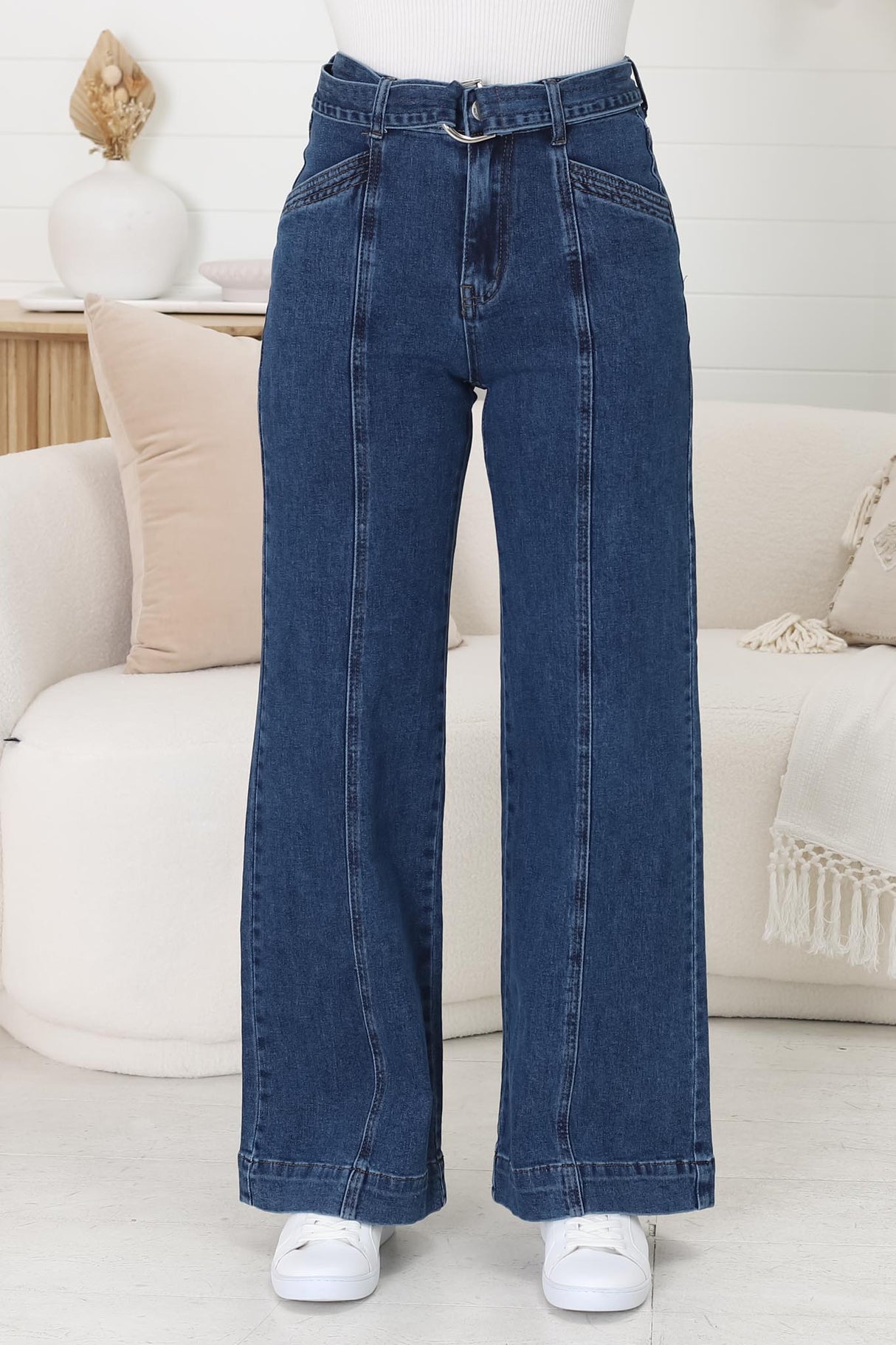 Hutton Jeans - High Waisted Flare Leg Jeans with Matching Belt in Dark Denim