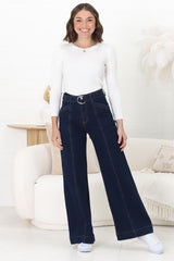 Hutton Jeans - High Waisted Flare Leg Jeans with Matching Belt in Indigo