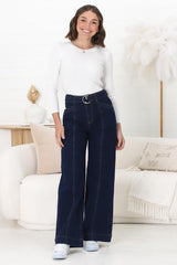 Hutton Jeans - High Waisted Flare Leg Jeans with Matching Belt in Indigo