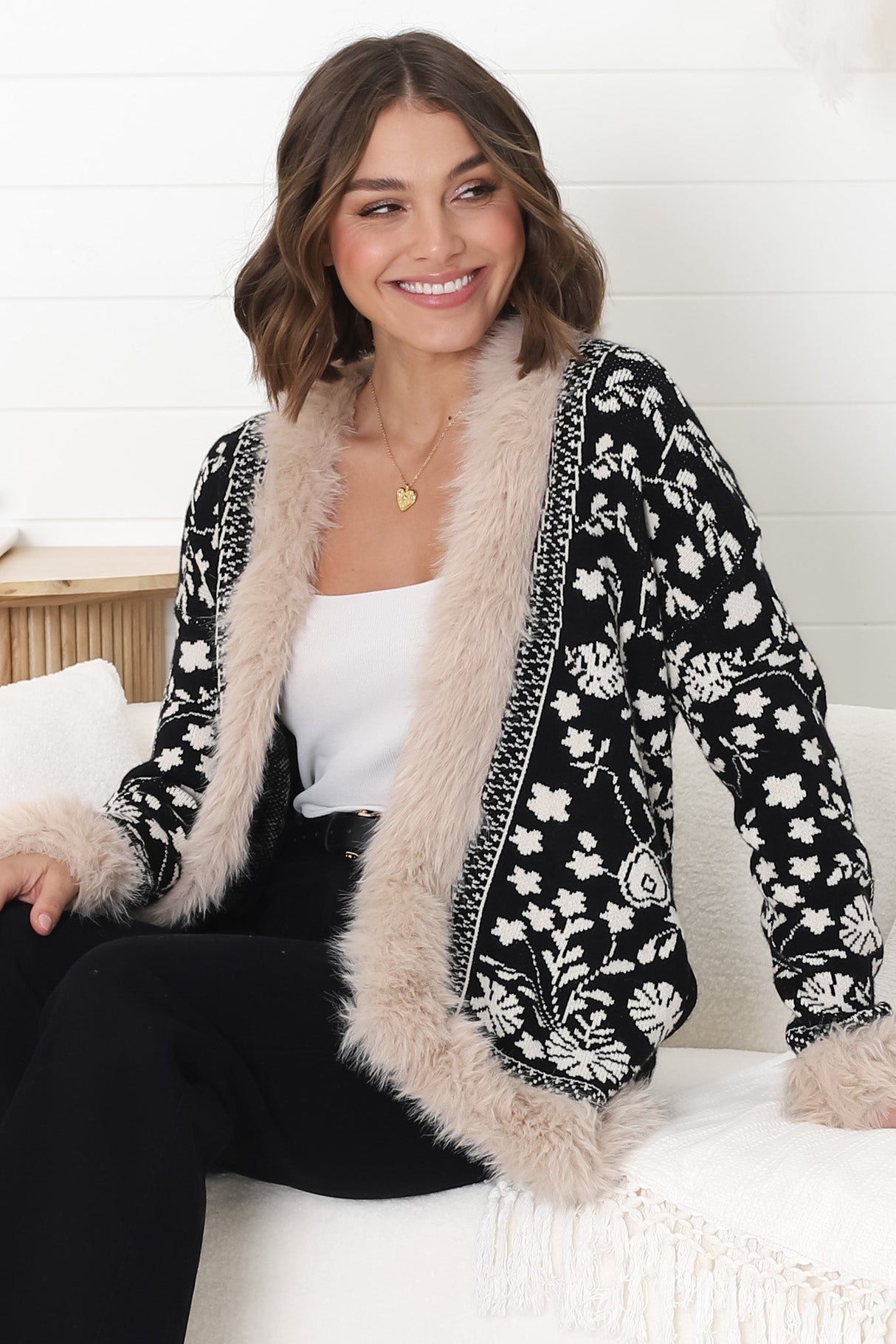 Wolfe Jacket - Faux Fur Trim Open Knit Jacket in Black