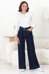 Hutton Jeans - High Waisted Flare Leg Jeans with Matching Belt in Indigo