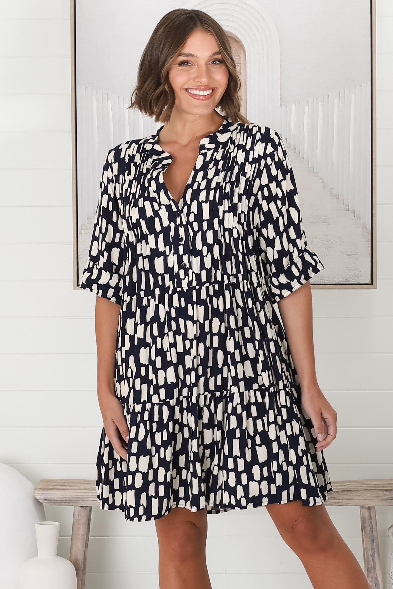 Evie Mini Dress - 3/4 Sleeve Tiered Smock Dress in Navy