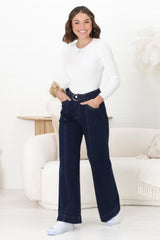 Hutton Jeans - High Waisted Flare Leg Jeans with Matching Belt in Indigo