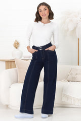 Hutton Jeans - High Waisted Flare Leg Jeans with Matching Belt in Indigo