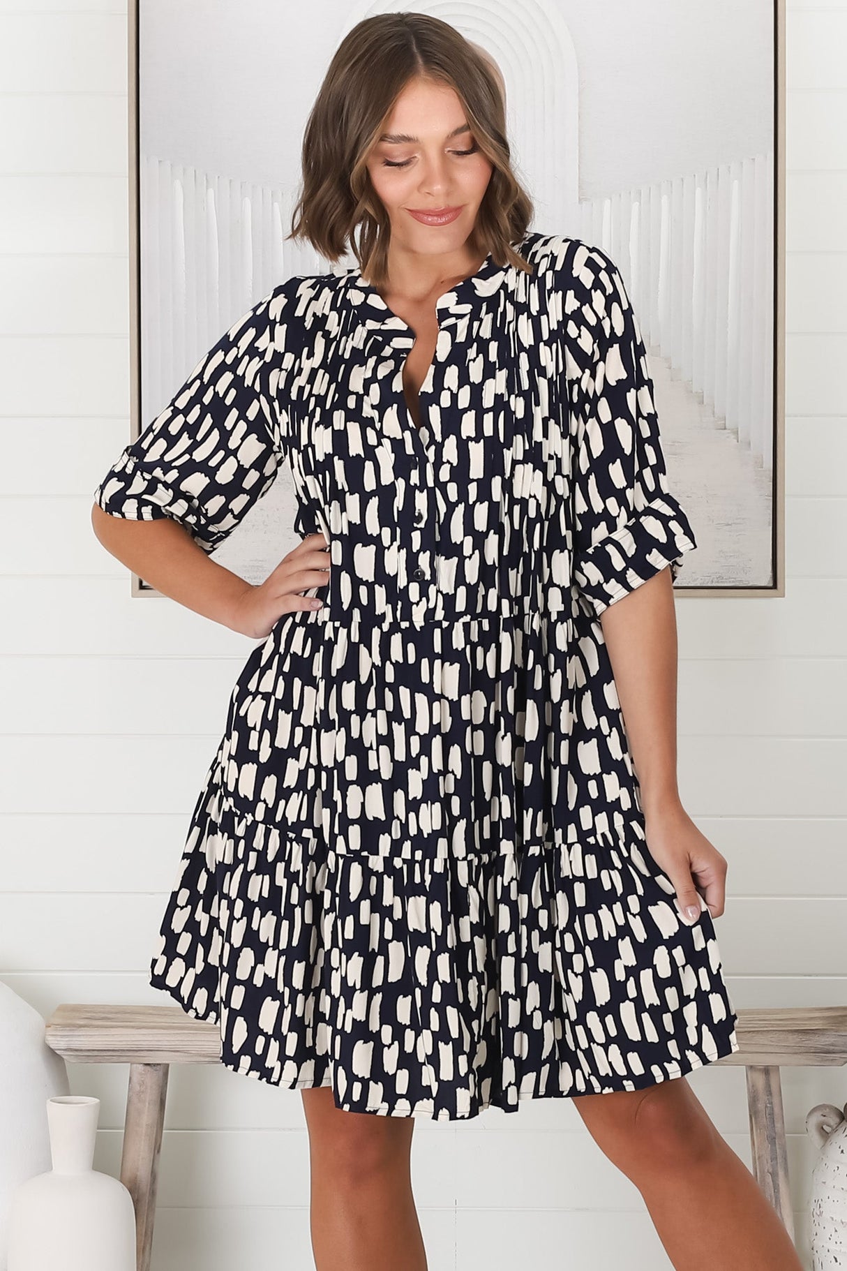 Evie Mini Dress - 3/4 Sleeve Tiered Smock Dress in Navy