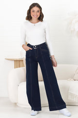 Hutton Jeans - High Waisted Flare Leg Jeans with Matching Belt in Indigo