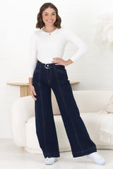 Hutton Jeans - High Waisted Flare Leg Jeans with Matching Belt in Indigo