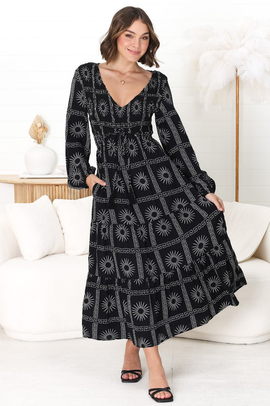 Elias Midi Dress - Shirred Elasticated Bodice A Line Dress with Long Sleeves in Astra Black