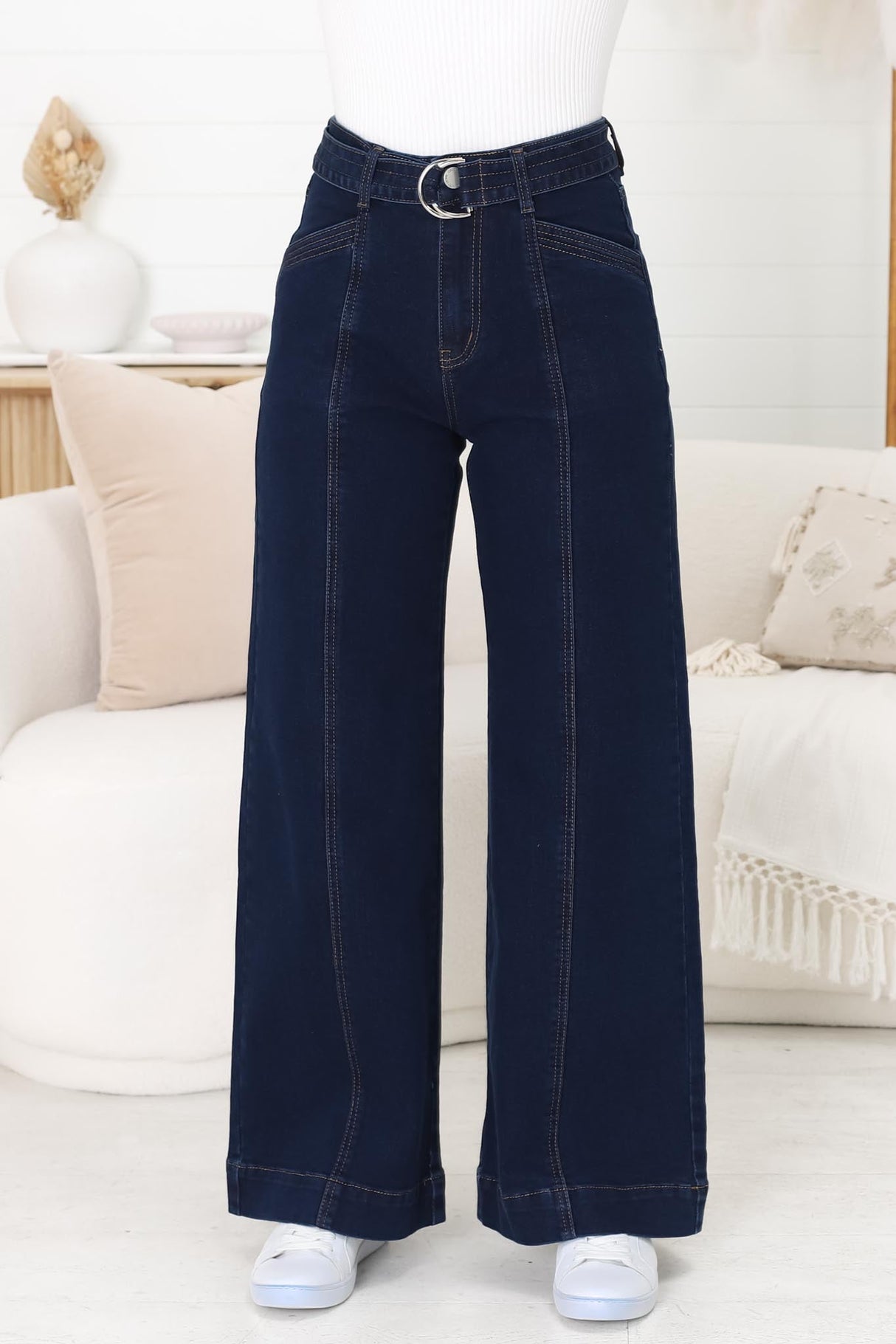 Hutton Jeans - High Waisted Flare Leg Jeans with Matching Belt in Indigo