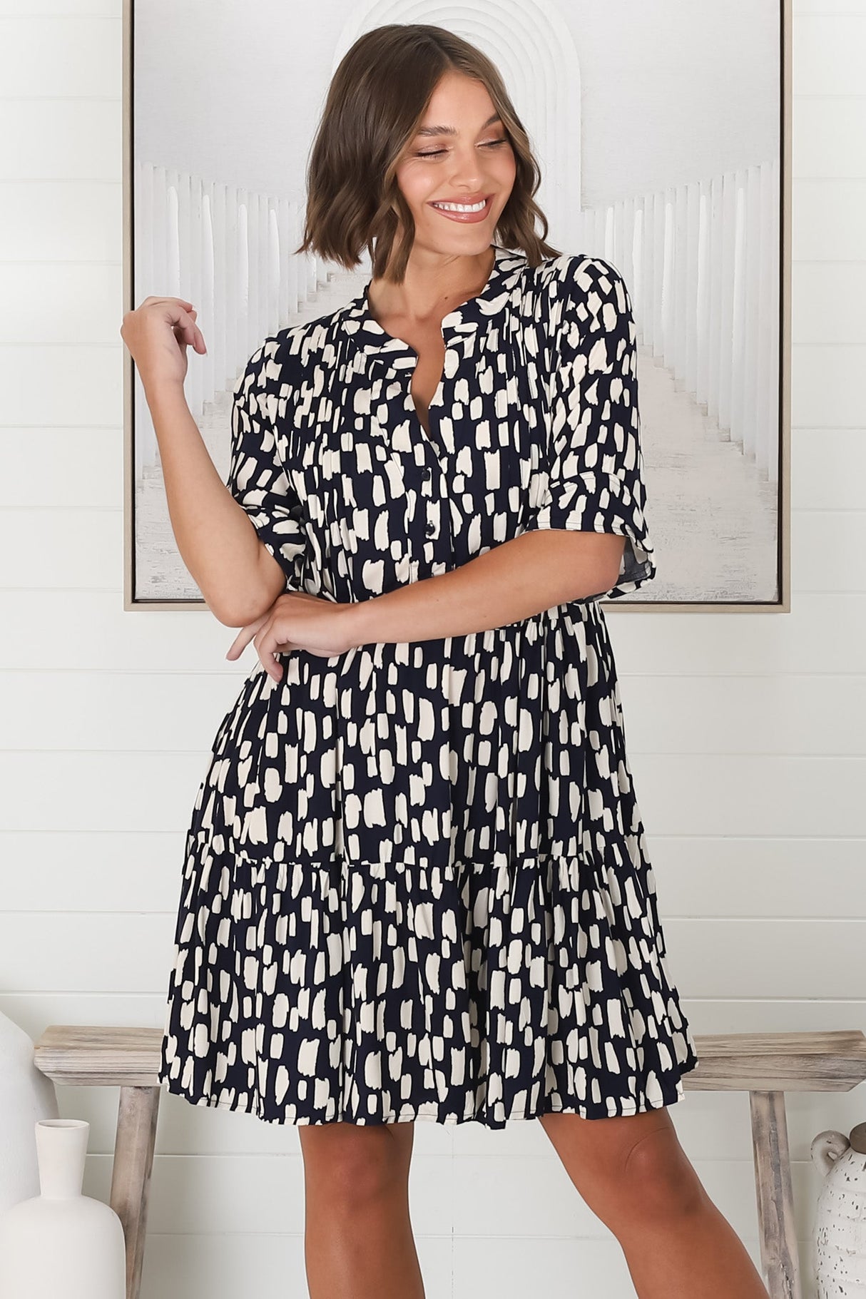 Evie Mini Dress - 3/4 Sleeve Tiered Smock Dress in Navy