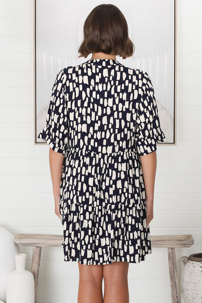 Evie Mini Dress - 3/4 Sleeve Tiered Smock Dress in Navy