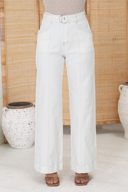 Hutton Jeans - High Waisted Flare Leg Jeans with Matching Belt in White