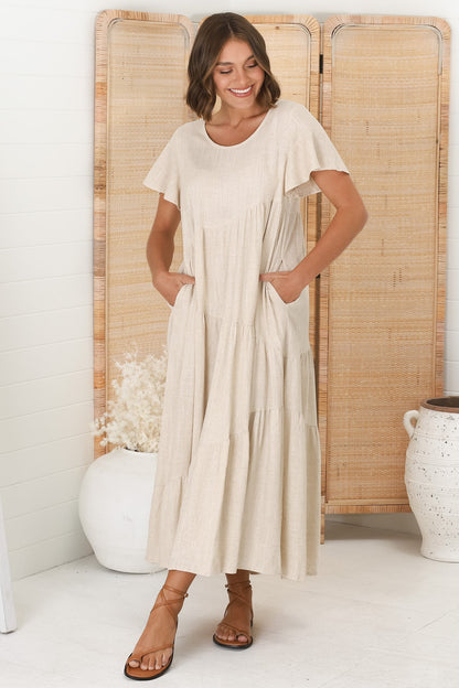 Allegra Midi Dress - Relaxed Asymmetric Tiered Linen Smock Dress in Oat