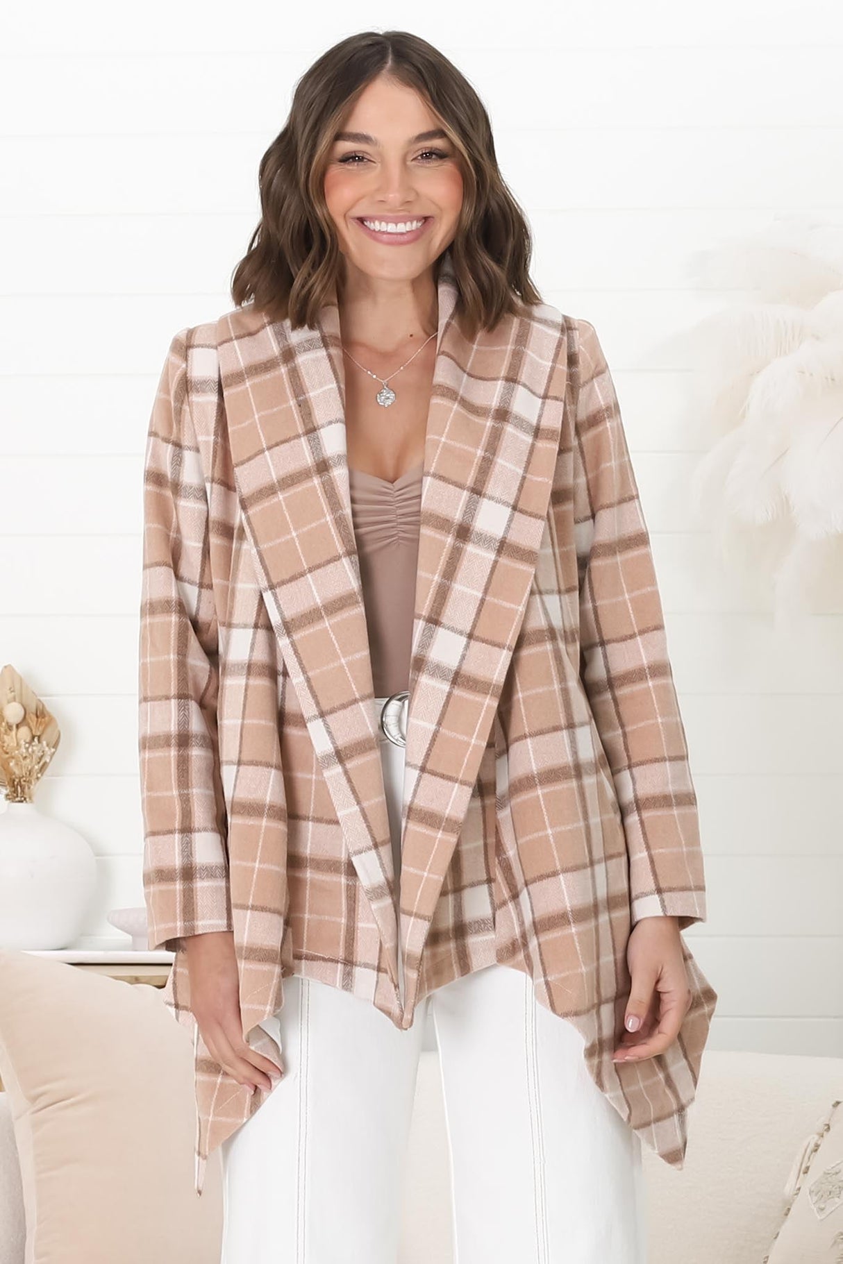 Telma Coat - Checkered Collared Coat with Matching Belt in Blush