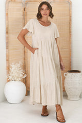 Allegra Midi Dress - Relaxed Asymmetric Tiered Linen Smock Dress in Oat