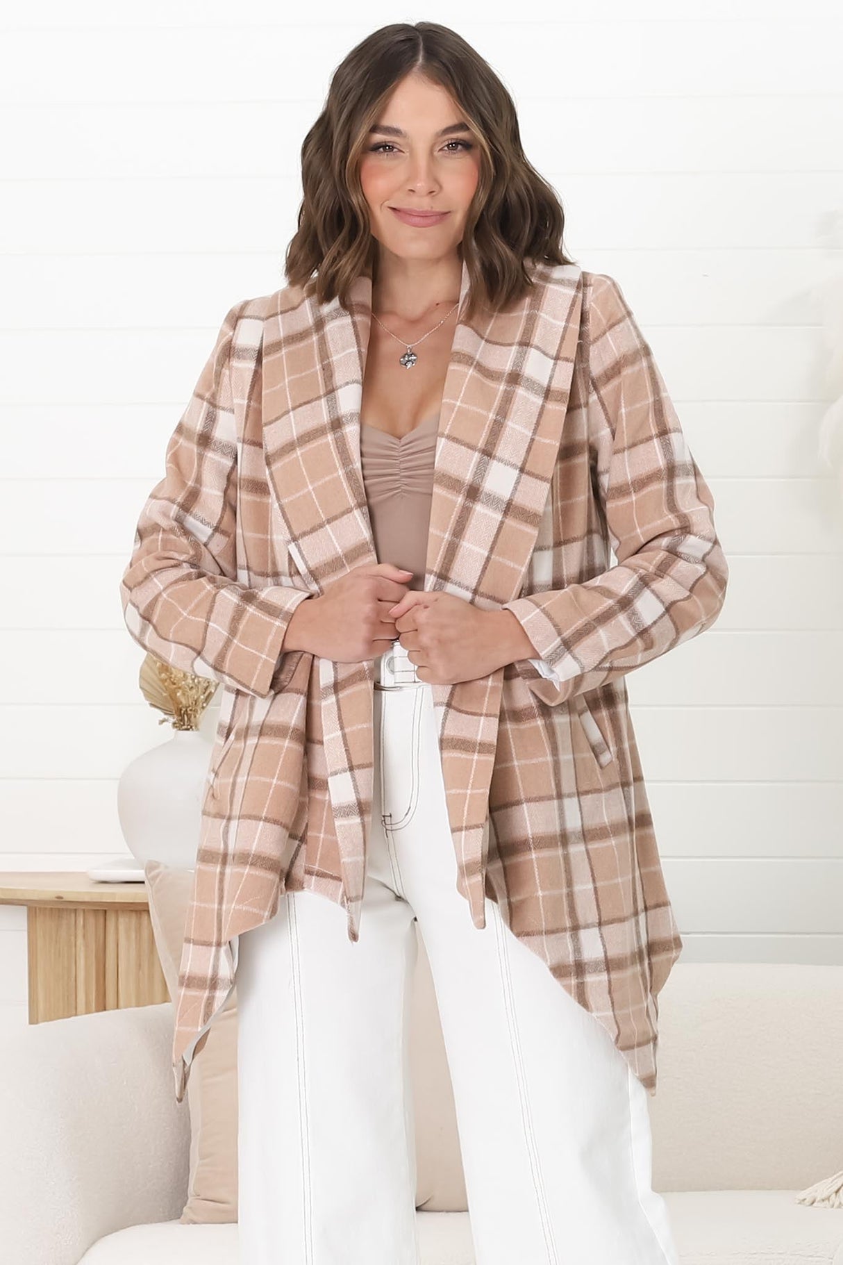 Telma Coat - Checkered Collared Coat with Matching Belt in Blush