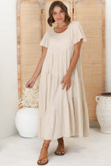 Allegra Midi Dress - Relaxed Asymmetric Tiered Linen Smock Dress in Oat