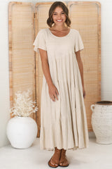 Allegra Midi Dress - Relaxed Asymmetric Tiered Linen Smock Dress in Oat