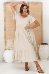 Allegra Midi Dress - Relaxed Asymmetric Tiered Linen Smock Dress in Oat