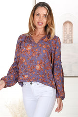 Albany Top - Pleating Details Pull Over Top With Long Balloon Sleeves In Lori Print