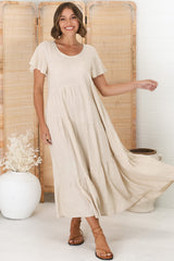 Allegra Midi Dress - Relaxed Asymmetric Tiered Linen Smock Dress in Oat