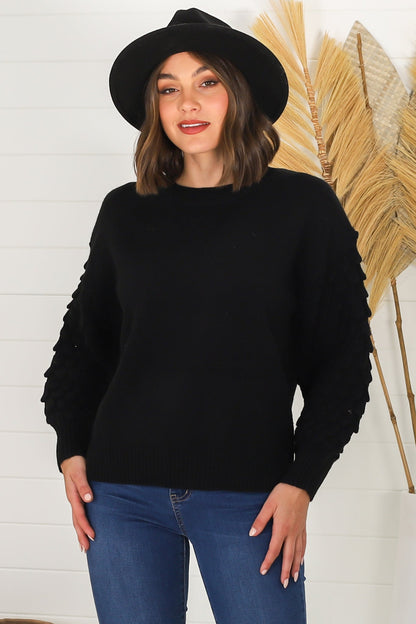 Amanda Jumper - Crew Neck with Mermaid Scale Balloon Sleeve Knit in Black