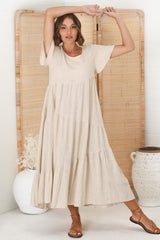 Allegra Midi Dress - Relaxed Asymmetric Tiered Linen Smock Dress in Oat