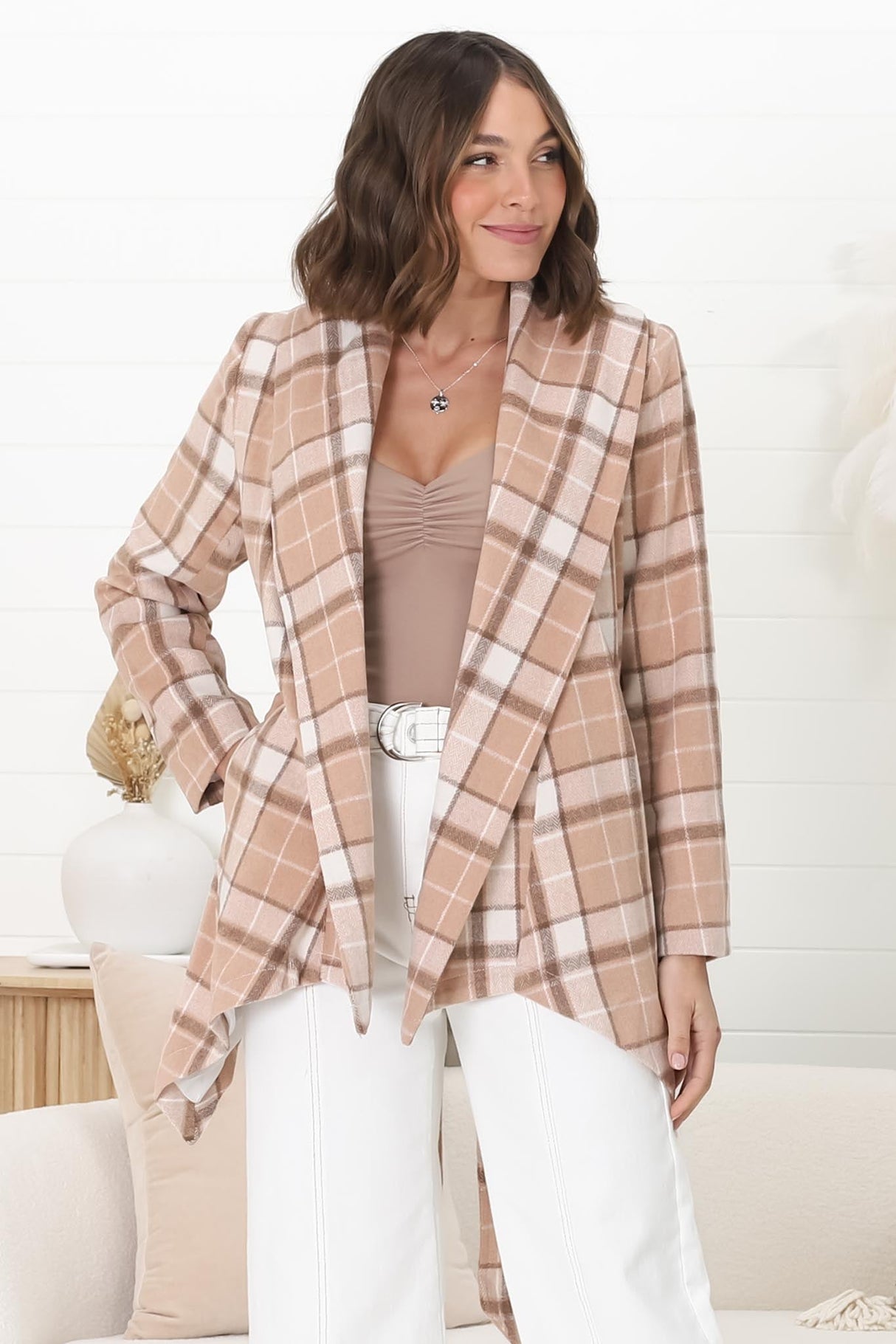 Telma Coat - Checkered Collared Coat with Matching Belt in Blush