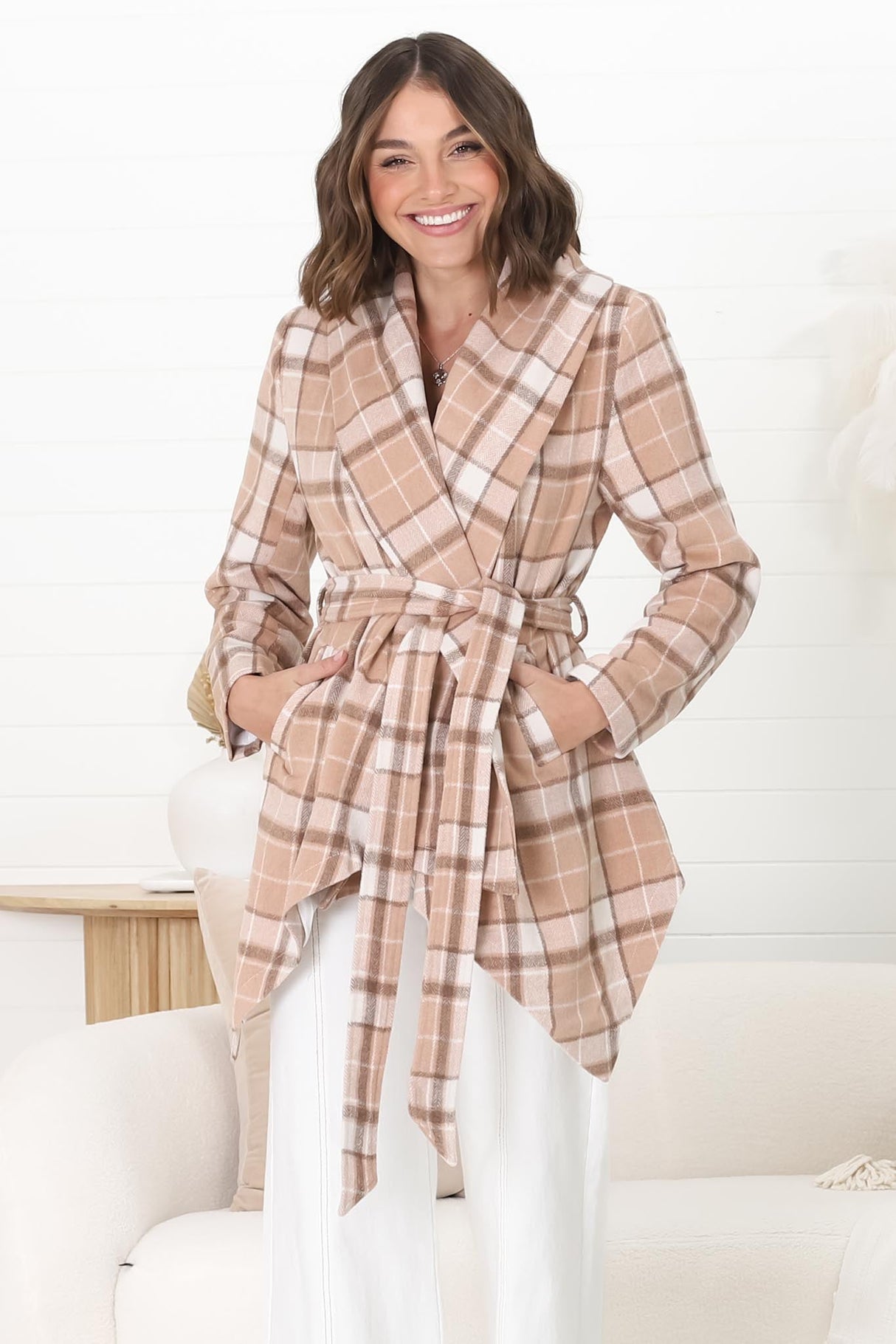 Telma Coat - Checkered Collared Coat with Matching Belt in Blush