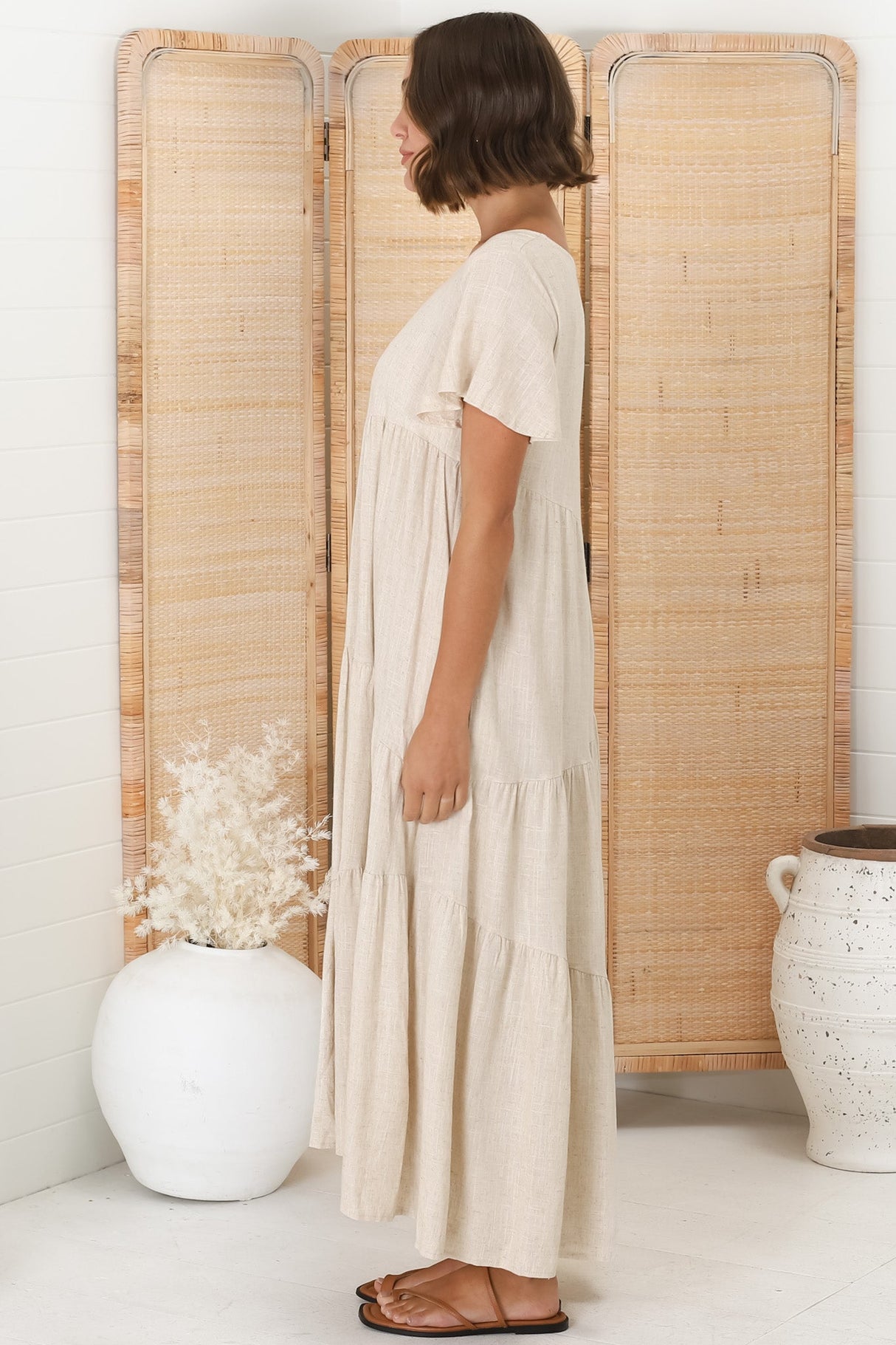 Allegra Midi Dress - Relaxed Asymmetric Tiered Linen Smock Dress in Oat