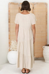 Allegra Midi Dress - Relaxed Asymmetric Tiered Linen Smock Dress in Oat