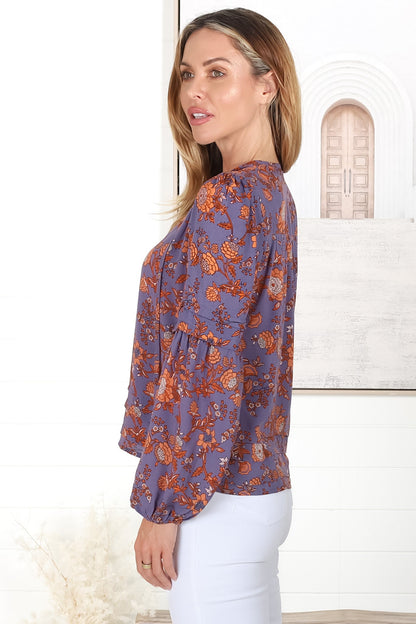 Albany Top - Pleating Details Pull Over Top With Long Balloon Sleeves In Lori Print