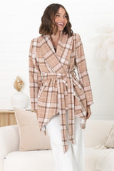 Telma Coat - Checkered Collared Coat with Matching Belt in Blush