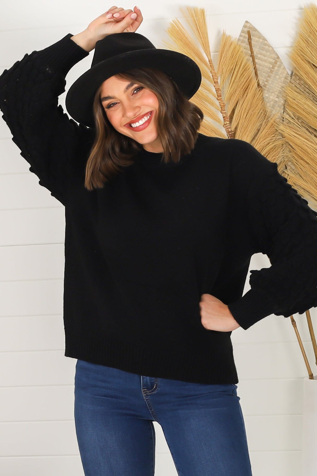 Amanda Jumper - Crew Neck with Mermaid Scale Balloon Sleeve Knit in Black