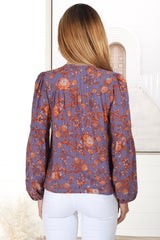 Albany Top - Pleating Details Pull Over Top With Long Balloon Sleeves In Lori Print