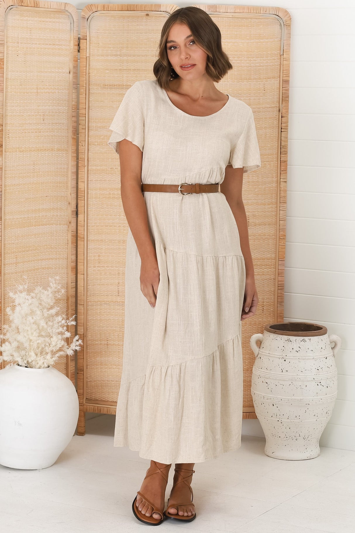 Allegra Midi Dress - Relaxed Asymmetric Tiered Linen Smock Dress in Oat