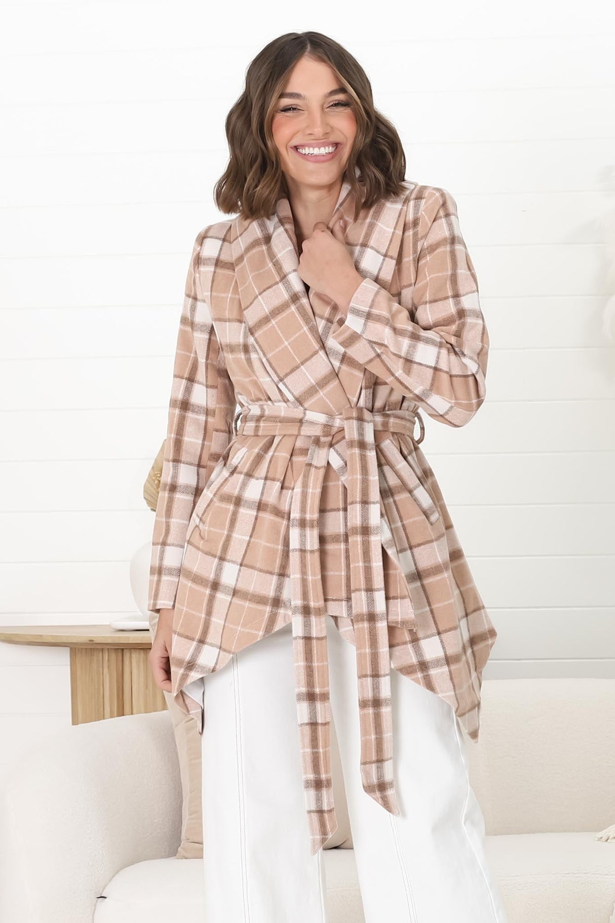 Telma Coat - Checkered Collared Coat with Matching Belt in Blush