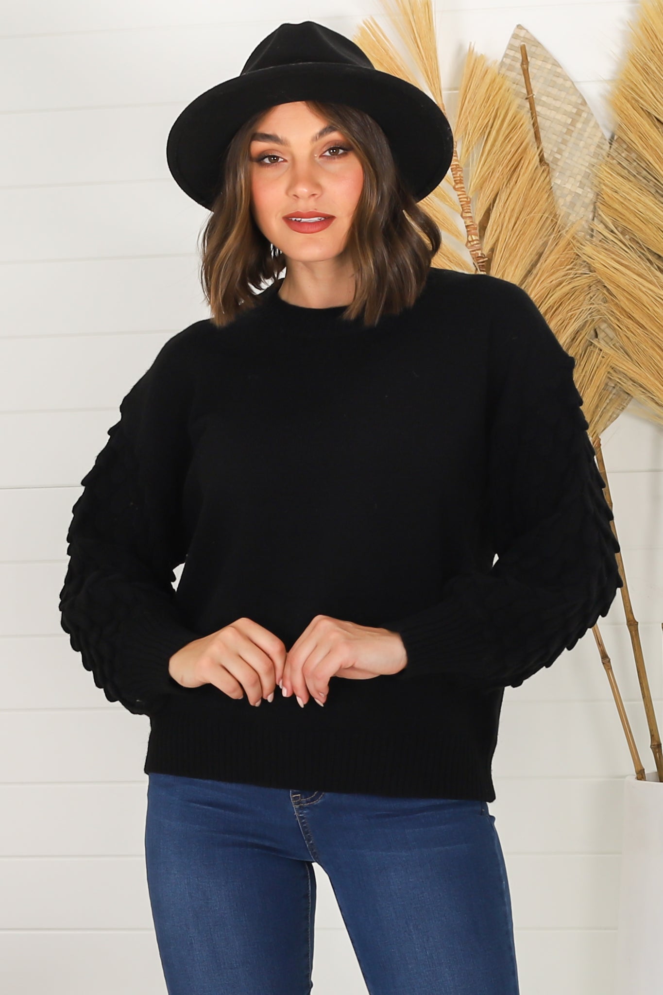 Amanda Jumper - Crew Neck with Mermaid Scale Balloon Sleeve Knit in Black