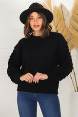 Amanda Jumper - Crew Neck with Mermaid Scale Balloon Sleeve Knit in Black