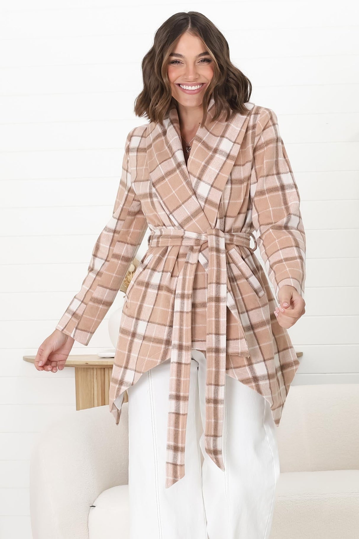 Telma Coat - Checkered Collared Coat with Matching Belt in Blush